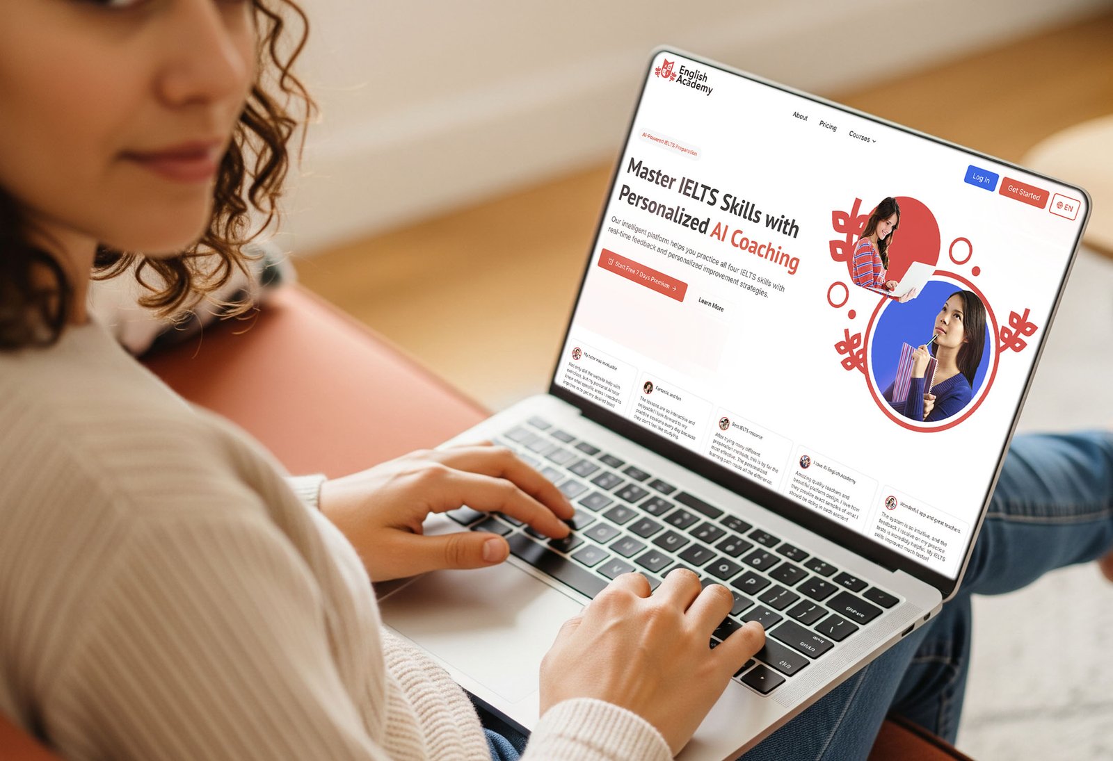 English Academy website mockup on a laptop — IELTS preparation landing page